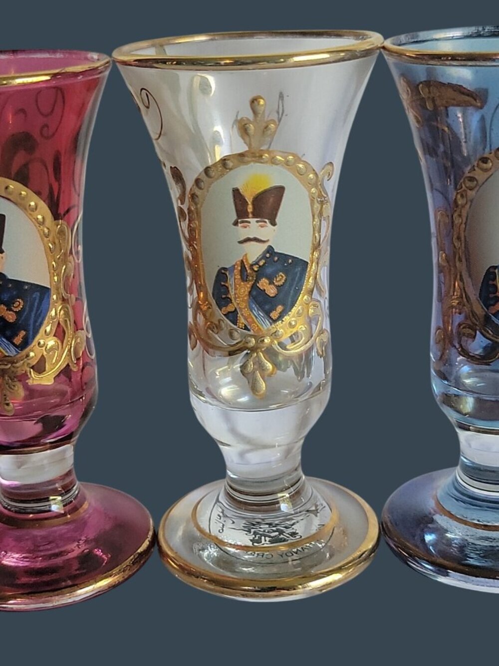3 Vtg Persian Qajar Naser al-Din Shah Cordial Shot Glasses Villa Handy Crafts - Picture 3 of 16